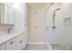 Bathroom featuring a walk-in shower with modern fixtures, a clean white vanity, and stylish neutral finishes at 4915 Fort Peck Rd, New Port Richey, FL 34655