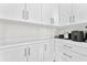 This pantry is complete with white cabinets, brushed steel pulls, and sleek countertops providing an abundance of storage at 3888 Santa Caterina Blvd, Bradenton, FL 34211
