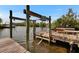 The private boat dock features a sitting area for enjoying the view of the canal at 6530 Manila Palm Way, Apollo Beach, FL 33572