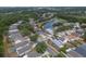 Aerial view of a neighborhood featuring single-Gathering homes, mature trees, and a scenic pond at 6623 Northhaven Ct, Riverview, FL 33578