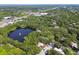 Behold this community aerial view featuring a tranquil lake, lush greenery, and a peaceful neighborhood setting at 706 1St Ct, Palm Harbor, FL 34684