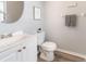 Cozy powder room with sleek vanity, framed mirror, and soft gray walls at 1250 Charlesworth Dr, Wesley Chapel, FL 33543