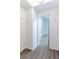Bright walk-in closet with white wire shelving and modern gray wood flooring leads to another room at 1250 Charlesworth Dr, Wesley Chapel, FL 33543