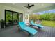 Inviting covered deck featuring comfortable lounge chairs, a ceiling fan, and serene backyard views at 13711 Lussier Ln, Spring Hill, FL 34610