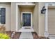 Charming front entrance with a sleek black door, decorative potted plant, and a welcome mat at 17516 Bright Wheat Dr, Lithia, FL 33547