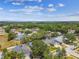 Wide aerial view featuring a neighborhood with mature trees, green spaces, and a serene lake in the distance at 2667 Aspen Ct, Palm Harbor, FL 34684
