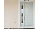 Close up of front door with sidelight in a light blue trim and brick patio at 2973 Breezy Meadows, Clearwater, FL 33760