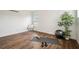 Bright home gym with hardwood floors, hanging swing chair, yoga mat, dumbbells, and lovely green house plant at 3326 Barbour Trl, Odessa, FL 33556