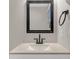 Close-up of the bathroom vanity with a framed mirror and modern bronze fixtures at 4623 Wisteria Dr, Zephyrhills, FL 33542