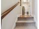 Carpeted staircase with a wooden handrail leading to a landing area near the laundry room at 6140 Marina Cove S Way, St Petersburg, FL 33712
