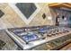 Close up of a professional grade gas cooktop with stainless steel trim and granite countertops at 9818 Tree Tops Lake Rd, Tampa, FL 33626