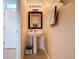 Compact powder room with a pedestal sink, mirror, modern lighting, and neutral wall color scheme at 11013 Leland Groves Dr, Riverview, FL 33579