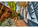 Brick pathway with blue siding, white trim, and lush tropical landscaping at 135 12Th Ne Ave, St Petersburg, FL 33701