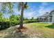 Lush backyard features a sparkling pool, tropical landscaping, and plenty of privacy at 18107 Sugar Brooke Dr, Tampa, FL 33647