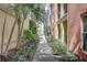 Lush landscaped walkway between colorful buildings and palm trees at 2402 Azeele W St # 412, Tampa, FL 33609