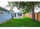 Spacious backyard features manicured lawn, wood privacy fence, and mature trees at 1114 Michigan N Dr, Dunedin, FL 34698