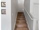 Carpeted stairs with a white railing lead upwards in this home, with framed pictures adorning the adjacent wall at 12607 Flatwood Creek Dr, Gibsonton, FL 33534