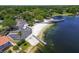 Aerial view of a lake community featuring a beach, boat launch, pier, parking area, and lush trees at 3304 Latania Dr, Tampa, FL 33618