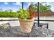 Outdoor patio decor featuring a floral arrangement in decorative container on a wrought iron table set at 5112 Lanai Way, Tampa, FL 33624