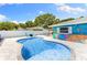 Backyard view of private pool with brick pavers and lush landscaping, offering a relaxing outdoor oasis and ocean themed mural at 895 Joan St, Dunedin, FL 34698