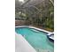 Screened-in pool with integrated spa and lush landscaping around the screen at 9220 Dayflower Dr, Tampa, FL 33647