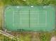 An aerial view of a community tennis court showing the net, court boundaries, and surrounding landscaping at 9220 Dayflower Dr, Tampa, FL 33647