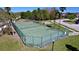 Aerial view of a community tennis court with green surface, surrounded by a chain-link fence and palm trees at 9220 Dayflower Dr, Tampa, FL 33647