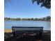 Community lake view with bench seating and residential homes on the opposite shoreline under a clear, blue sky at 11619 Fox Creek Dr, Tampa, FL 33635