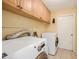 Functional laundry room with modern washer and dryer units and ample storage at 16201 Country Crossing Dr, Tampa, FL 33624