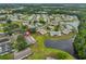 Aerial view of community with lush landscaping, beautiful lake, and well-maintained homes, showcasing a serene residential environment at 1902 Hanson Ct # 308, Sun City Center, FL 33573