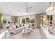 Open concept living room boasts large sliding glass doors and contemporary decor with neutral tones at 3198 Malta Ave, Wesley Chapel, FL 33543