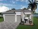 Modern home with a two-car garage, stone accents, a paved driveway, and manicured landscaping, offering waterfront views at 32608 Neroli St, Wesley Chapel, FL 33543