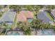 Aerial view highlights a home nestled among lush trees, with a screened lanai pool at 5317 Pagnotta Pl, Lutz, FL 33558