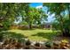 Lush backyard showcasing green lawn with privacy fence and mature landscaping, offering a serene outdoor space at 535 Sandy Hook, Palm Harbor, FL 34683