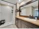 Bathroom featuring a white tiled shower, rustic vanity, and dark framed mirror at 7225 Ronnie Gardens Ct, Tampa, FL 33619
