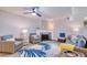 Inviting living room with a cozy fireplace, ceiling fan, stylish seating, and a beach themed rug at 770 27Th S Ave, St Petersburg, FL 33705