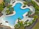 Aerial view of a uniquely shaped community pool surrounded by palm trees and lounge seating at 9313 Lemon Drop Loop, Ruskin, FL 33573