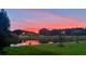 Scenic backyard pond reflecting a vibrant sunset with trees in the background at 10945 Sundrift Dr, Tampa, FL 33647