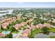Scenic aerial view showcases a Sunset Bay townhome, a pond, community pool, and beautifully landscaped surroundings at 1532 Citrine Trl, Tarpon Springs, FL 34689