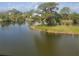 Scenic view of a tranquil pond with a small grassy island and mature trees at 1532 Citrine Trl, Tarpon Springs, FL 34689
