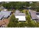 This aerial view highlights the backyard, roof, and how the property sits amongst mature trees at 2665 Clubhouse N Dr, Clearwater, FL 33761