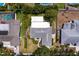 Overhead shot of backyard shows patio, garden, mature trees, lush lawn, and neighboring properties at 2665 Clubhouse N Dr, Clearwater, FL 33761