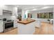 Bright kitchen with stainless steel appliances, wooden island, and white subway tile backsplash at 2665 Clubhouse N Dr, Clearwater, FL 33761
