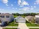 Aerial view of homes showcasing manicured lawns, lovely landscaping, and a serene pond in the background at 36673 Spanish Rose Dr, Dade City, FL 33525