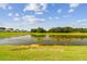 Expansive backyard view showcasing a scenic pond, lush greenery, and neighboring homes at 36673 Spanish Rose Dr, Dade City, FL 33525