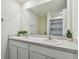 Bathroom vanity with dual sinks, a large mirror, and simple greenery decor at 36673 Spanish Rose Dr, Dade City, FL 33525