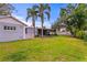 Expansive backyard featuring manicured lawn with patio, bordered by mature trees and landscaping at 493 Lucerne Ave, Tampa, FL 33606