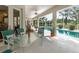 Covered patio with seating area overlooking the pool and views of the private backyard at 5182 Championship Cup Ln, Spring Hill, FL 34609