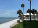 Scenic waterfront view featuring palm trees, tiki hut, pool and a distant pier at 7200 Sunshine Skyway S Ln # 2E, St Petersburg, FL 33711