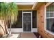 Screened front entrance with a decorative security door and small, lush palm tree at 12371 Talpa St, Spring Hill, FL 34608